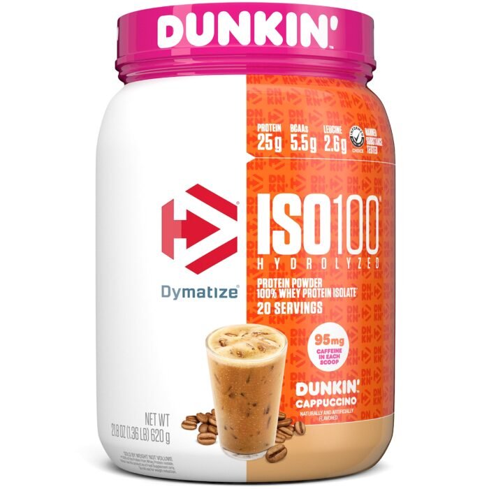 Dymatize ISO100 Hydrolyzed 100% Whey Isolate Protein Powder in Dunkin' Cappuccino Flavor, 25g Protein, 95mg Caffeine, 5.5g BCAAs, Gluten Free, Fast Absorbing, Easy Digesting, 21.5 Oz