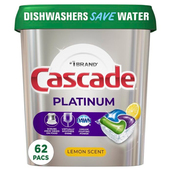 Cascade Platinum Dishwasher Pods, Dishwasher Detergent, Dishwasher Soap, Actionpacs, Lemon, 62 Count