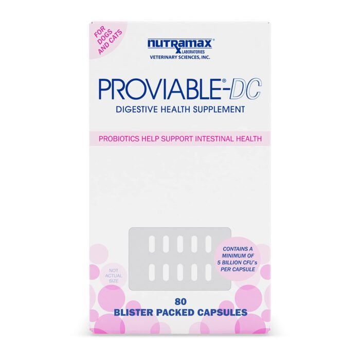 Nutramax Proviable Digestive Health Supplement Multi-Strain Probiotics and Prebiotics for Cats and Dogs - with 7 Strains of Bacteria, 80 Capsules, blue