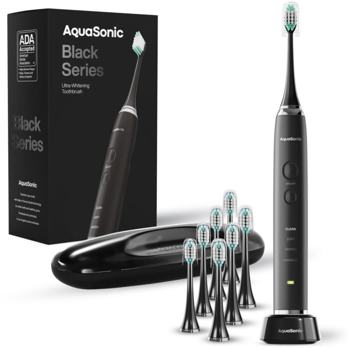 Aquasonic Black Series Ultra Whitening Toothbrush ? ADA Accepted Electric Toothbrush- 8 Brush Heads & Travel Case ? 40,000 VPM Electric Motor & Wireless Charging - 4 Modes w Smart Timer