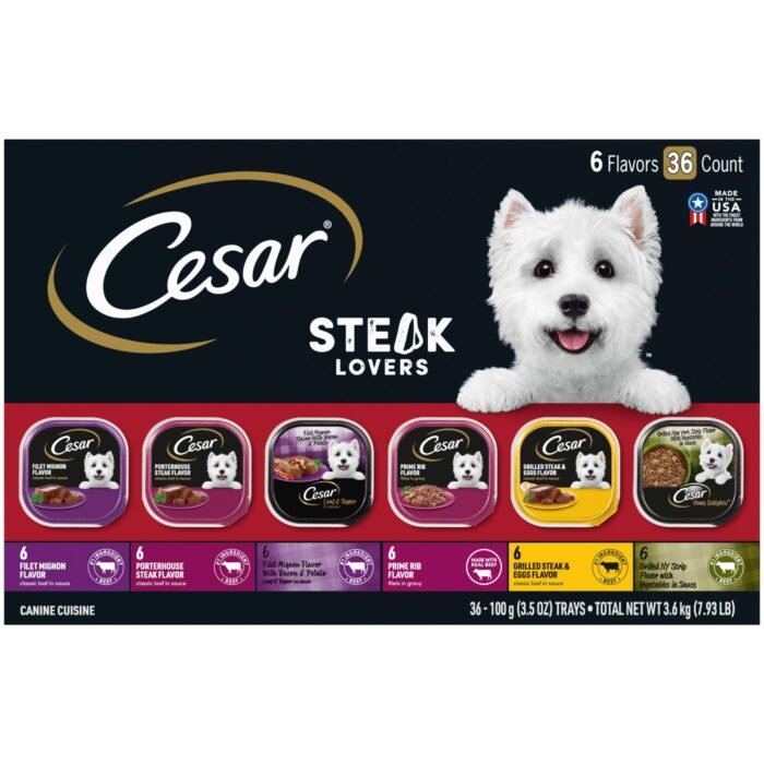 CESAR Adult Soft Wet Dog Food Steak Lovers Variety Pack with Real Meat, (36) 3.5 oz. Trays