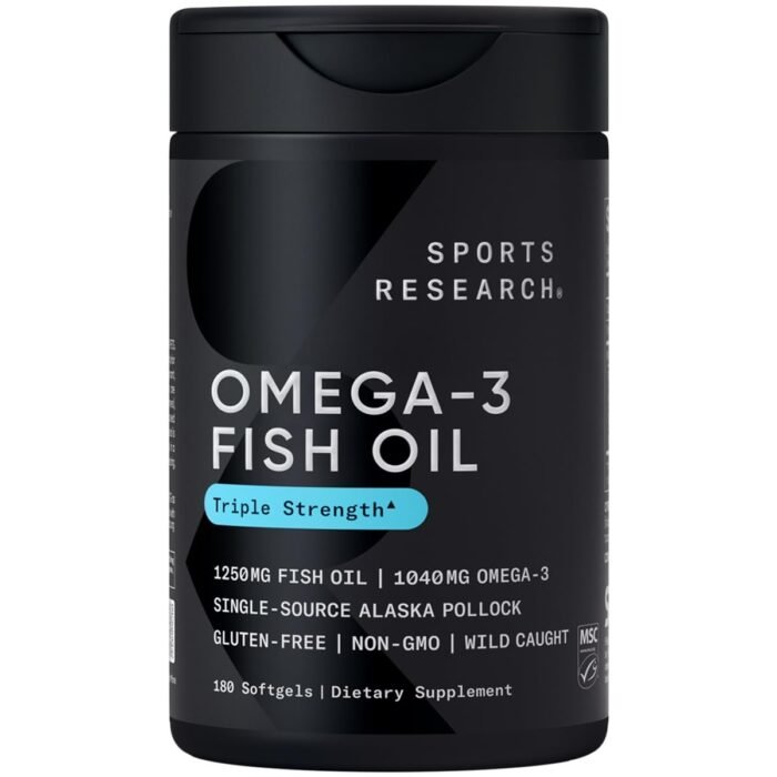 Sports Research Triple Strength Omega 3 Fish Oil - Burpless Fish Oil Supplement w/EPA & DHA Fatty Acids from Single-Source Wild Alaska Pollock - 1250 mg, 180 ct