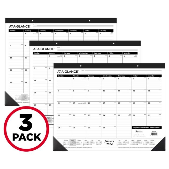 AT-A-GLANCE 2024 Desk Calendar, Desk Pads, Monthly, 21-3/4" x 17", Large, Ruled Blocks, 3 Pack (AZSK240024)