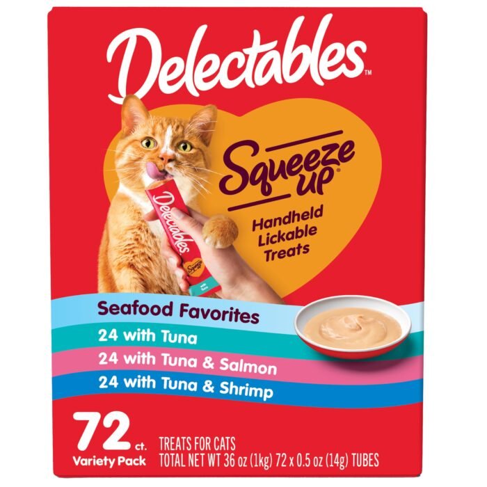 Delectables Squeeze Up Seafood Variety Pack, Creamy Squeezable Puree, Lickable Wet Cat Treats, Grain Free, No Added Fillers, No by-Products, No Added Preservatives, 0.5 Ounces Tube, 72 Tubes Total