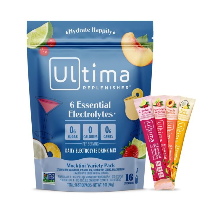 Ultima Replenisher Daily Electrolyte Drink Mix ? Mocktini Variety, 16 Stickpacks ? Hydration Packets with 6 Key Electrolytes & Trace Minerals ? Keto Friendly, Non- GMO & Sugar-Free Electrolyte Powder