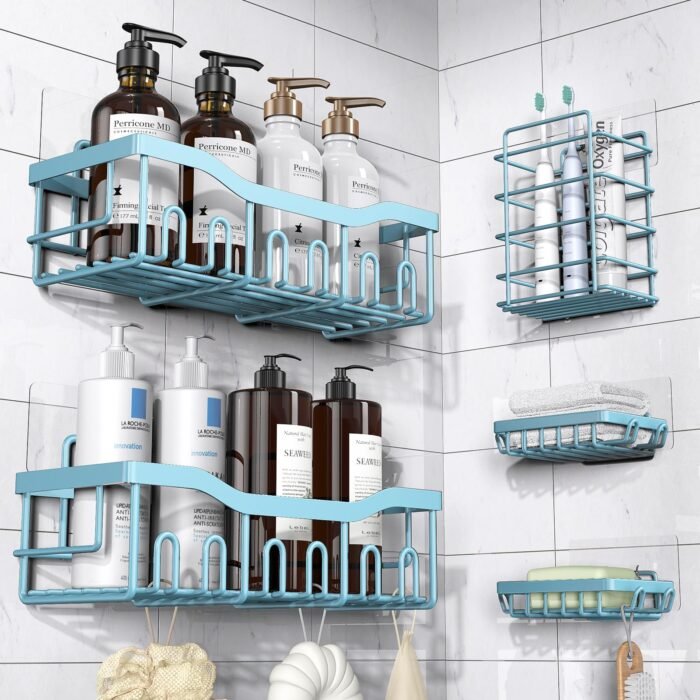 Shower Caddy 5 Pack,Adhesive Shower Organizer for Bathroom Storage&Home Decor&Kitchen,No Drilling,Large Capacity,Rustproof Stainless Steel Bathroom Organizer,Shower Shelves for Inside Shower-Larger