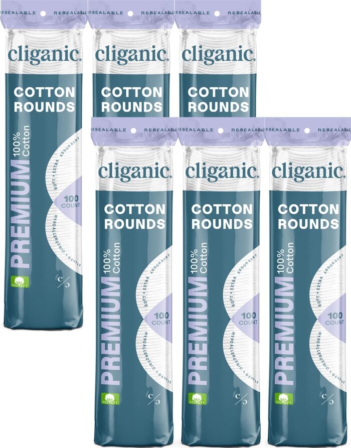 Cliganic Premium Cotton Rounds | Makeup Remover Pads, Hypoallergenic, Lint-Free | 100% Pure Cotton (6 Pack)