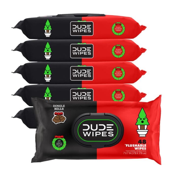 DUDE Wipes - Flushable Wipes for Adults - 6 Pack, 288 Wipes - Dingle Bells Extra Large Wet Wipes with Crisp Pine, Balsam, and Other Jolly Scents