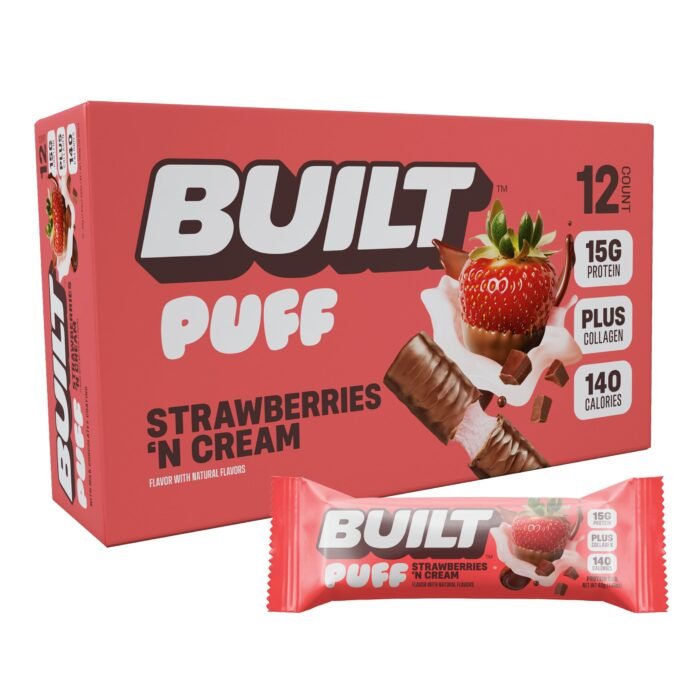 BUILT Protein Bars, Milk Chocolate Strawberry Puff, 12 bars, Protein Snacks, 17g of Protein, Collagen, Chocolate Protein Bar with only 150 calories & 6g sugar, Not Gluten Free, Great Protein Snack