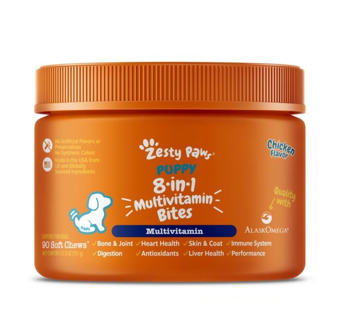 Zesty Paws Multivitamin Treats for Dogs - Glucosamine Chondroitin for Joint Support + Digestive Enzymes & Probiotics - Grain Free Dog Vitamin for Skin & Coat + Immune Health - Puppy - 90 Count