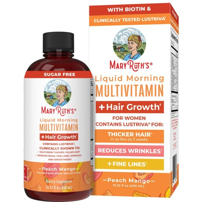 MaryRuth's Liquid Multivitamin + Lustriva? Hair Growth for Women| Biotin 10000mcg | Vitamin D | B Vitamins |Clinically Tested for Thicker Hair, Wrinkles, Fine Lines, Skin Care| Ages 18+ | 15.22 Fl Oz