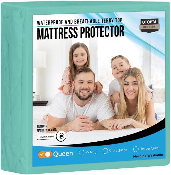 Utopia Bedding Waterproof Mattress Protector Queen Size, Premium Terry Mattress Cover 200 GSM, Breathable, Fitted Style with Stretchable Pockets (Spablue)